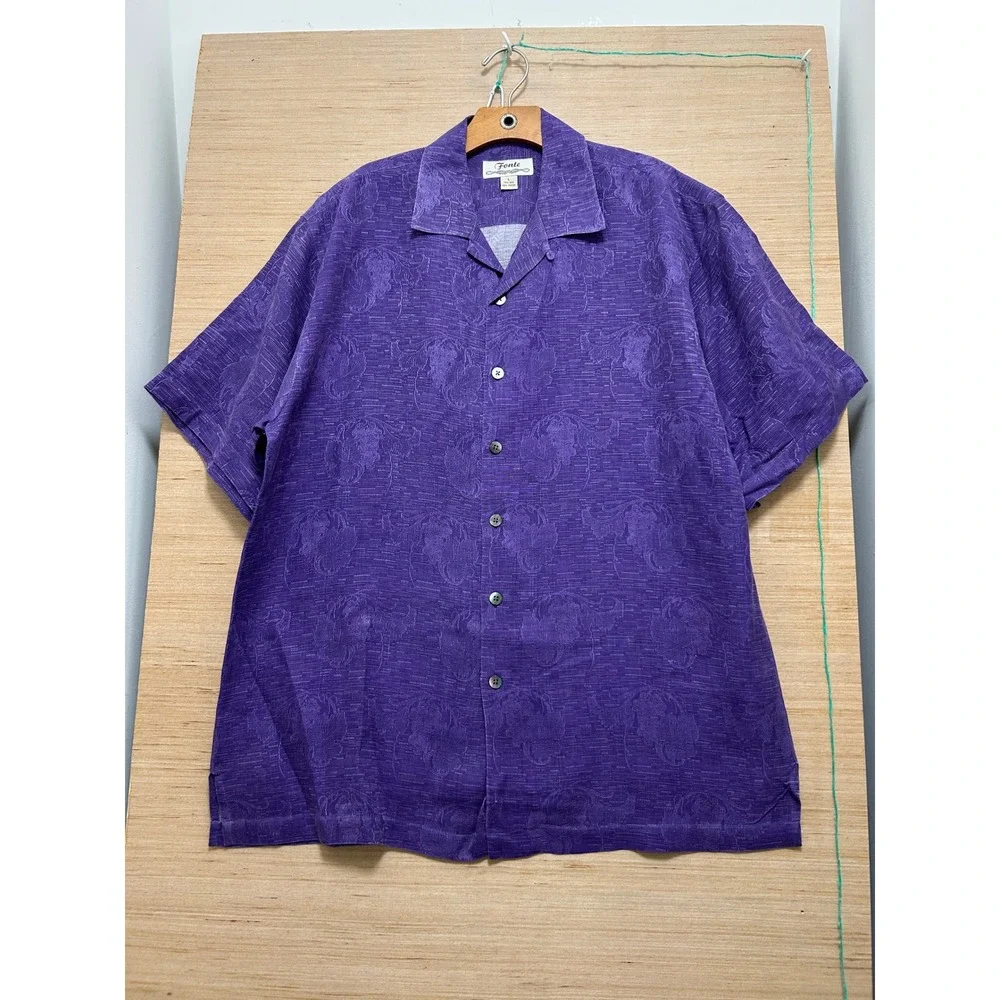 Fonte Mens Silk Tencel Blend Floral Jacquard Short Sleeve Camp‎ Shirt Purple L